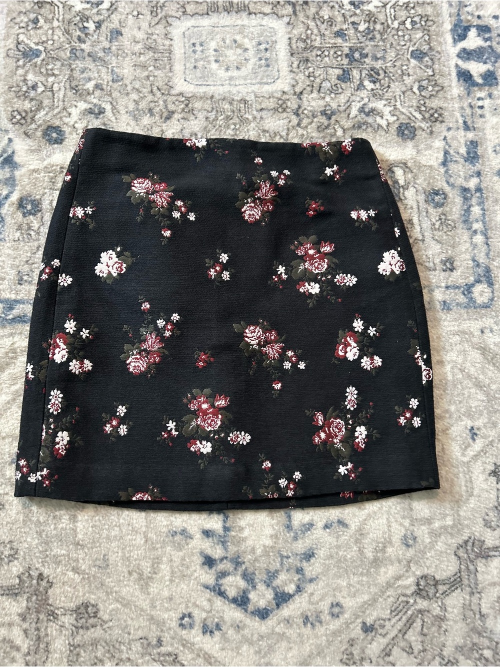 LOFT Floral Mini Skirt - Black with Burgundy & White Roses